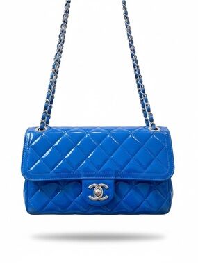 Chanel Timeless Classique Blue Patent Leather Flap Bag Silver Hardware